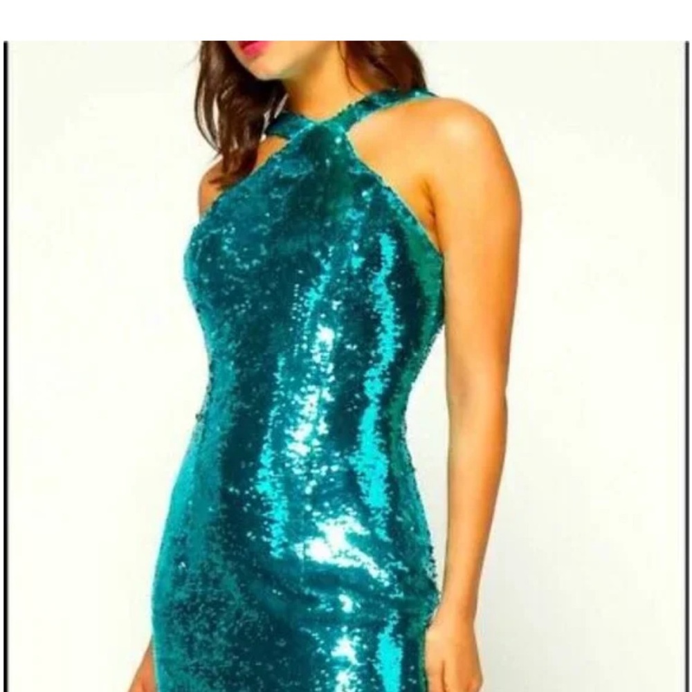 NWT AIDAN MATTOX Teal Sequin Halter Cocktail Dress $245 SIZE 10M